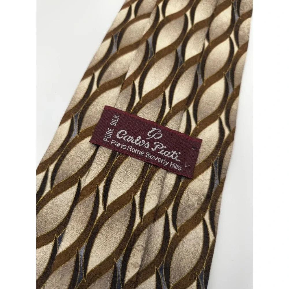 Carlos Pioti Necktie Tie Pure Silk Brown Beige‎ Geometric Menswear Fashion